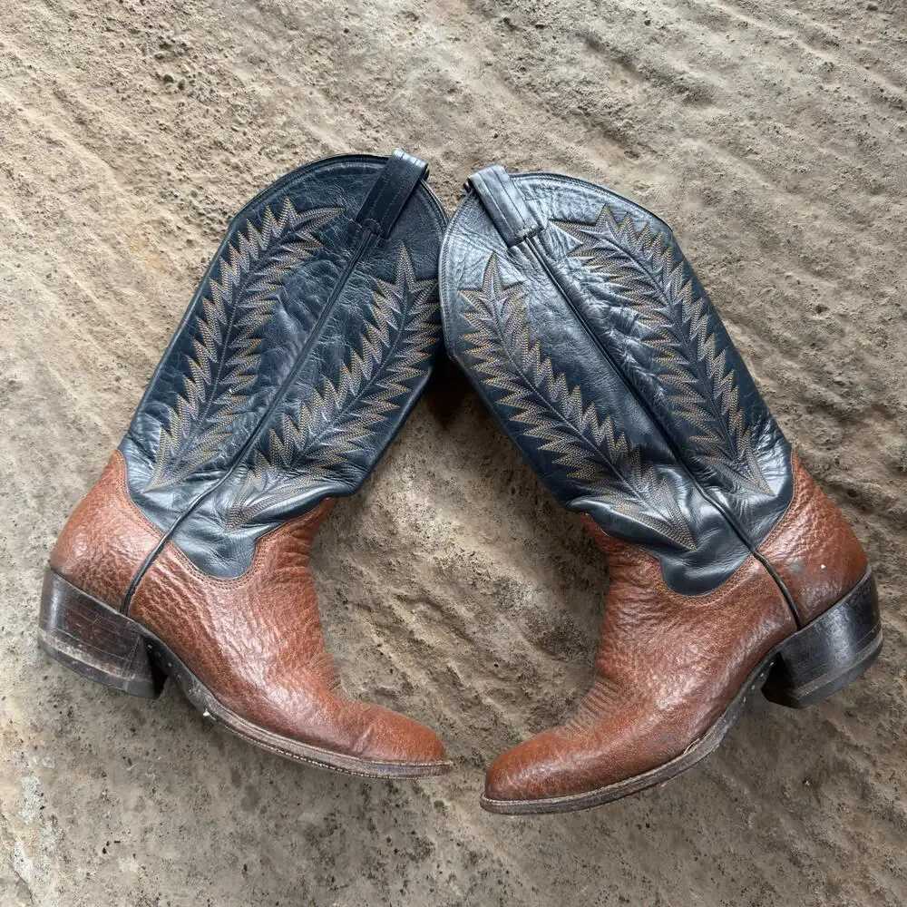 Vintage Brown Tan Leather Cowboy Boots Mens Size 7.5 D Western Style 1970s Beat